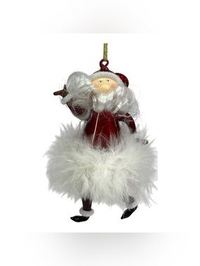 7" Blown Glass Dancing Santa Claus Christmas Ornament Fluffy Beard Feather Trim